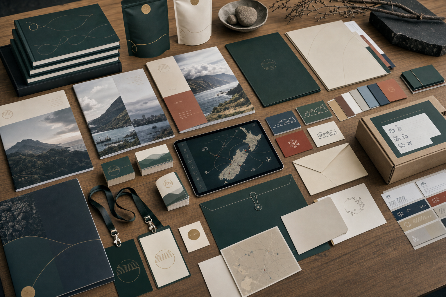 Aotea Kai corporate identity applications across reports, route cards, labels, folders, lanyards, and working materials.