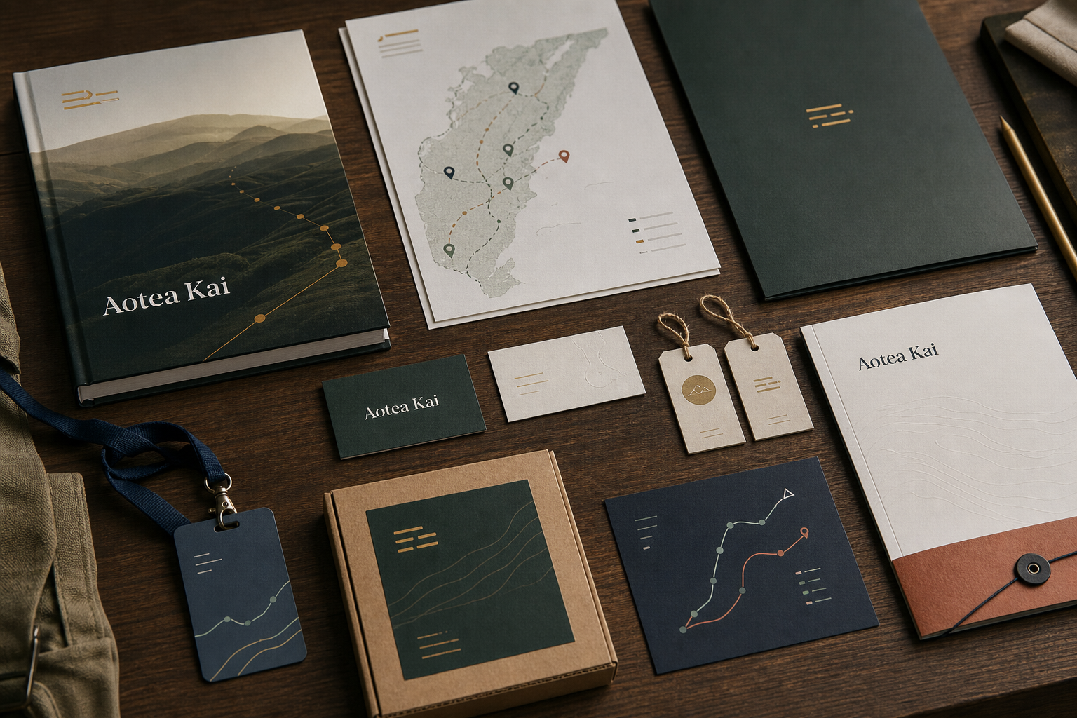 Aotea Kai brand materials, route map, reports, tags, and media folders on a working table.