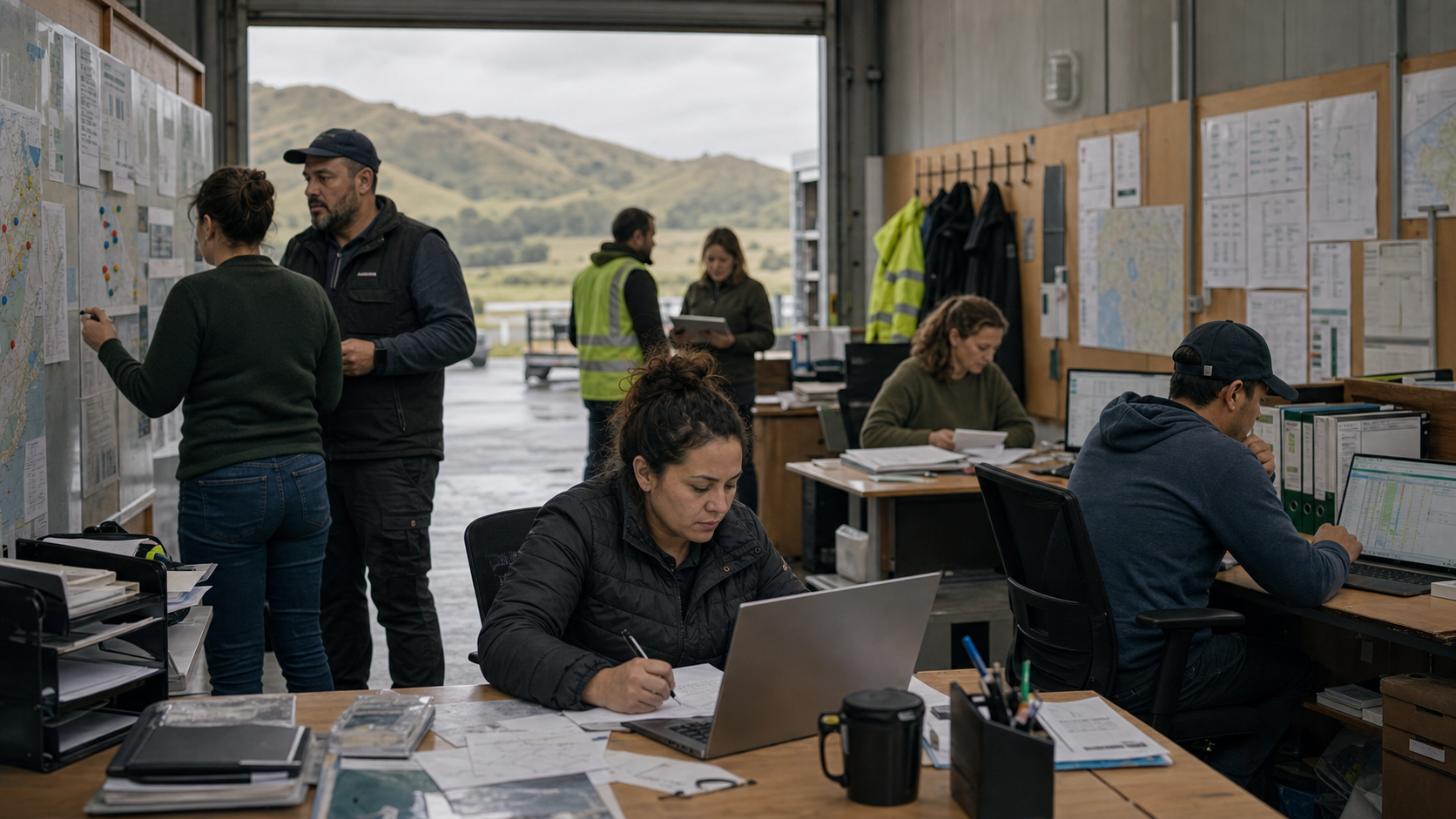 Aotea Kai staff working across an operations office and logistics hub.