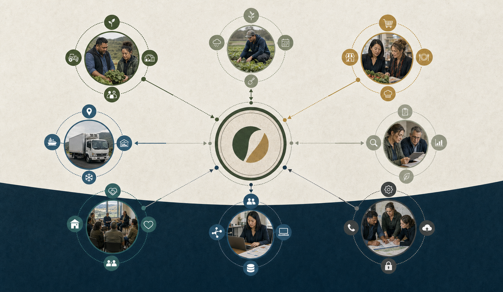 Generated collaborator ecosystem diagram connecting producers, logistics, buyers, proof systems, advisers, and community-linked relationships.