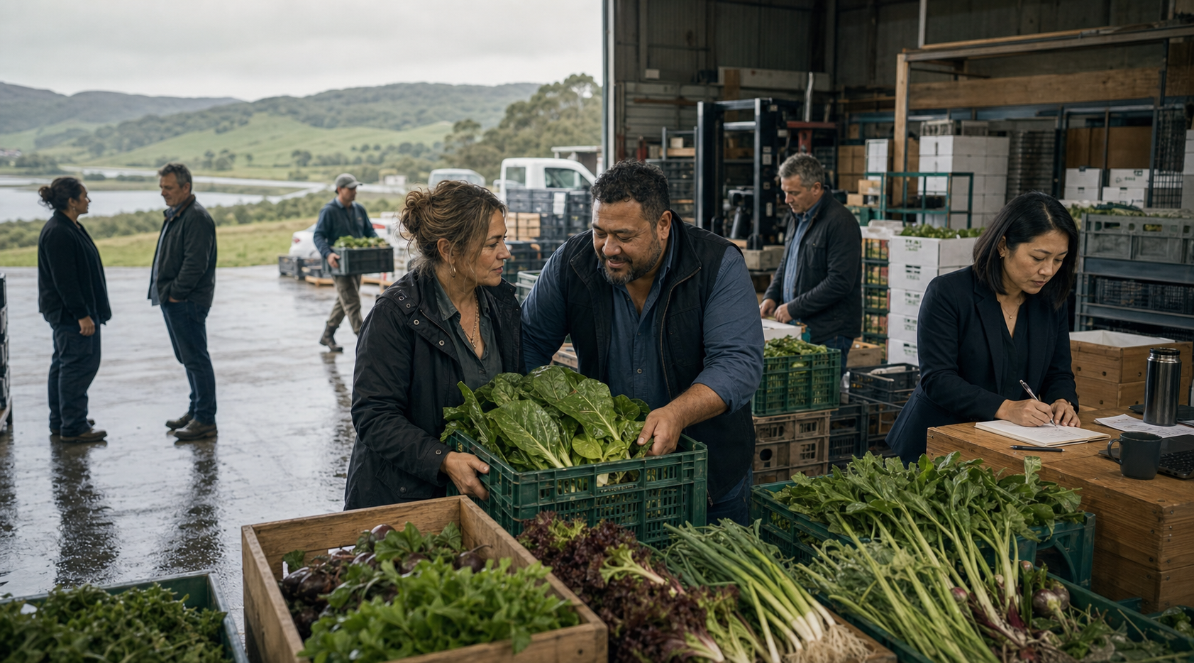 Aotea Kai regional operations with producers, logistics staff, and route planning activity.
