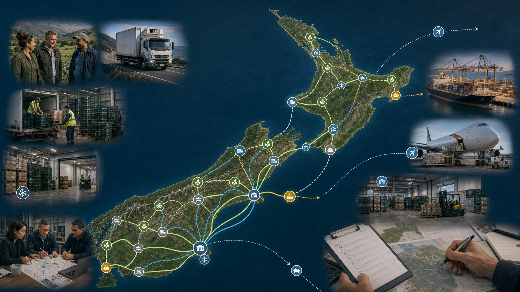 Aotea Kai logistics network visual showing regional routes, storage, partner links, and export gateways across Aotearoa.