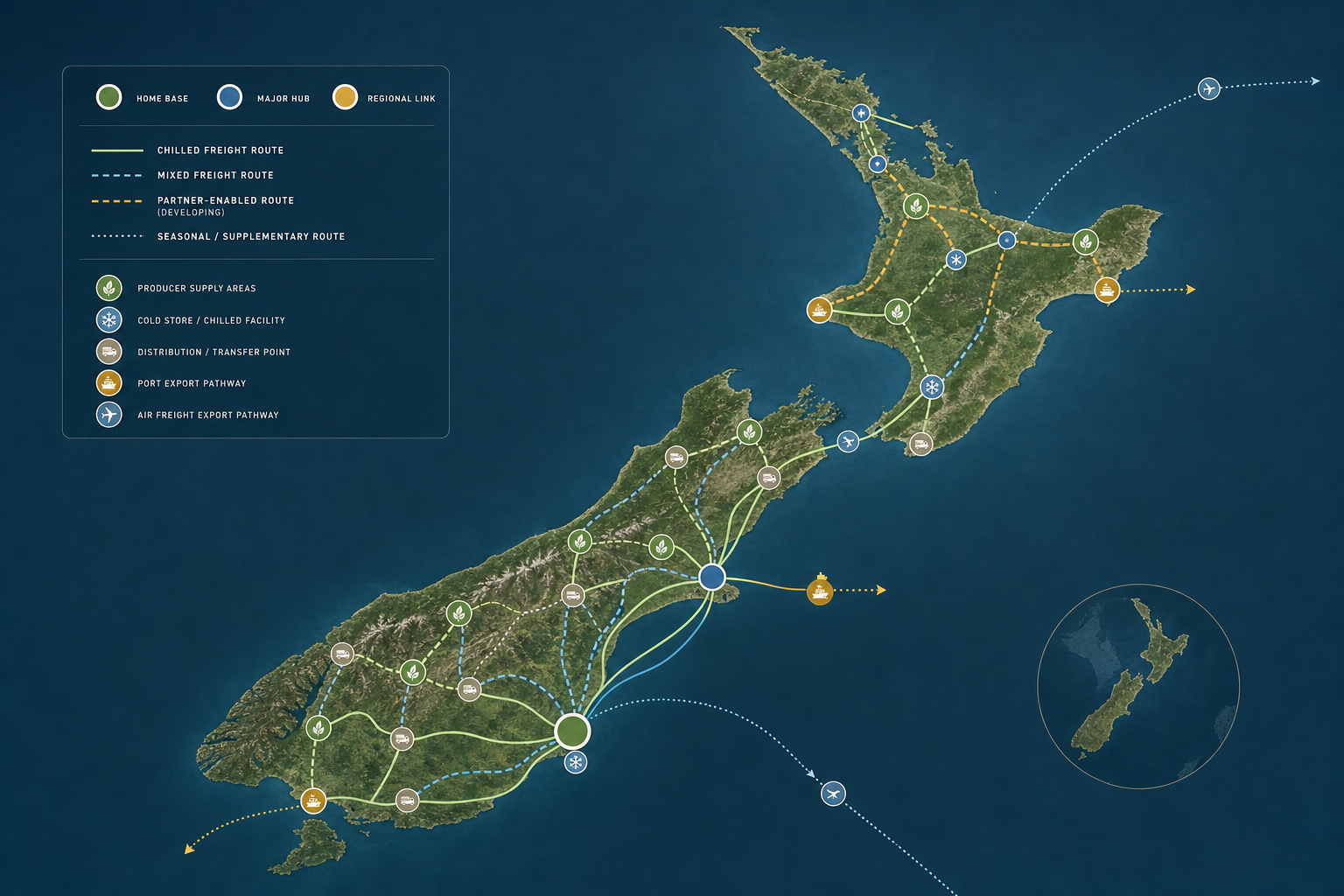 Aotea Kai logistics route map showing South Island strength, Christchurch consolidation, selected North Island links, cold-store points, road routes, ports, air freight, and partner-enabled routes.