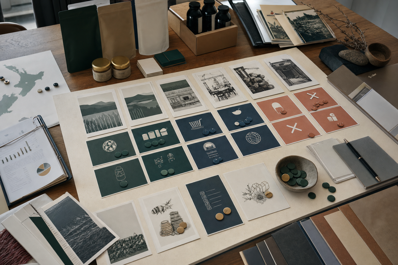 Aotea Kai market selection board with product category cards, proof folders, buyer-channel cues, and allocation tokens.