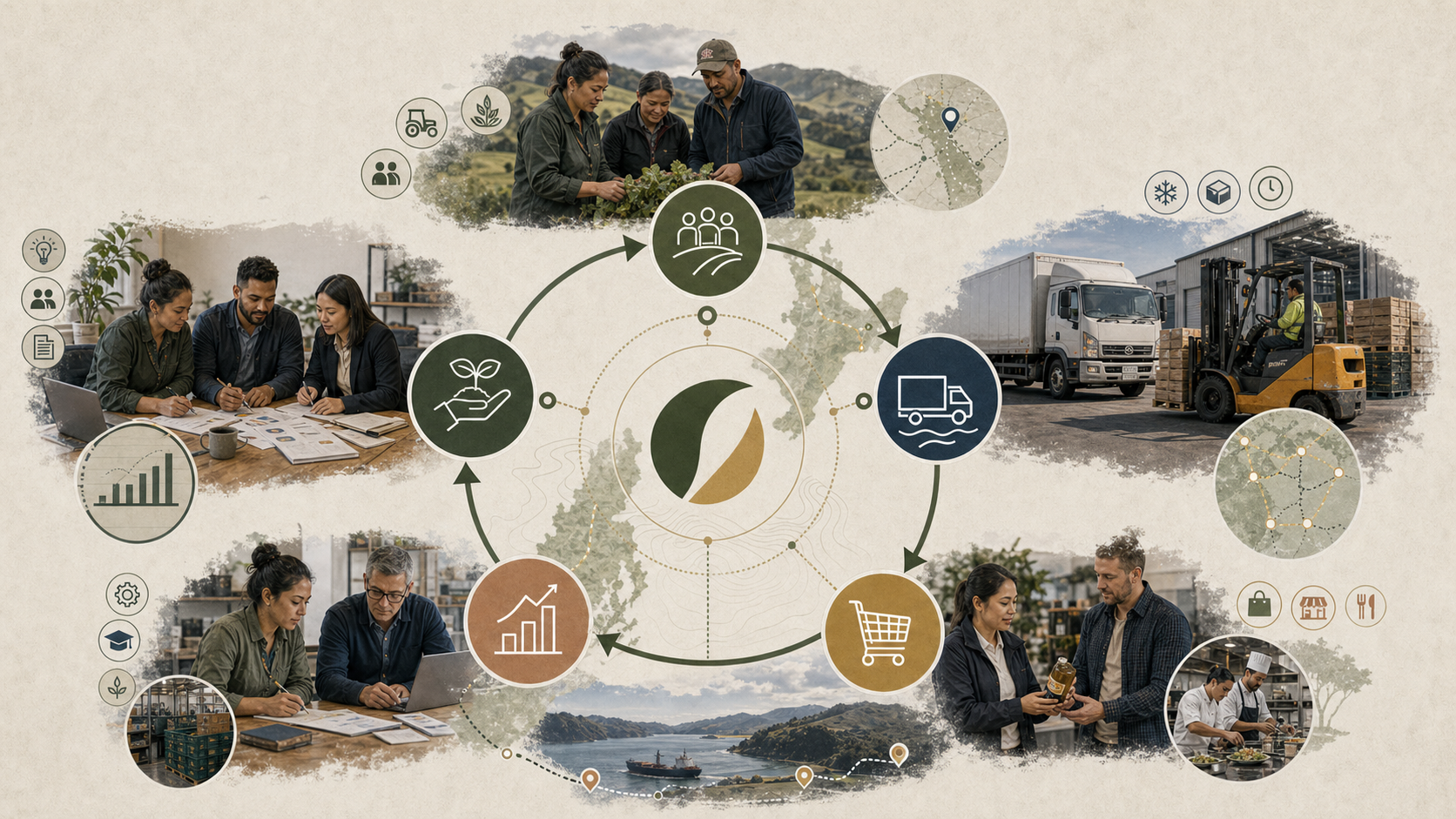 Aotea Kai pathway operating system visual showing producers, routes, markets, proof work, and reinvestment.