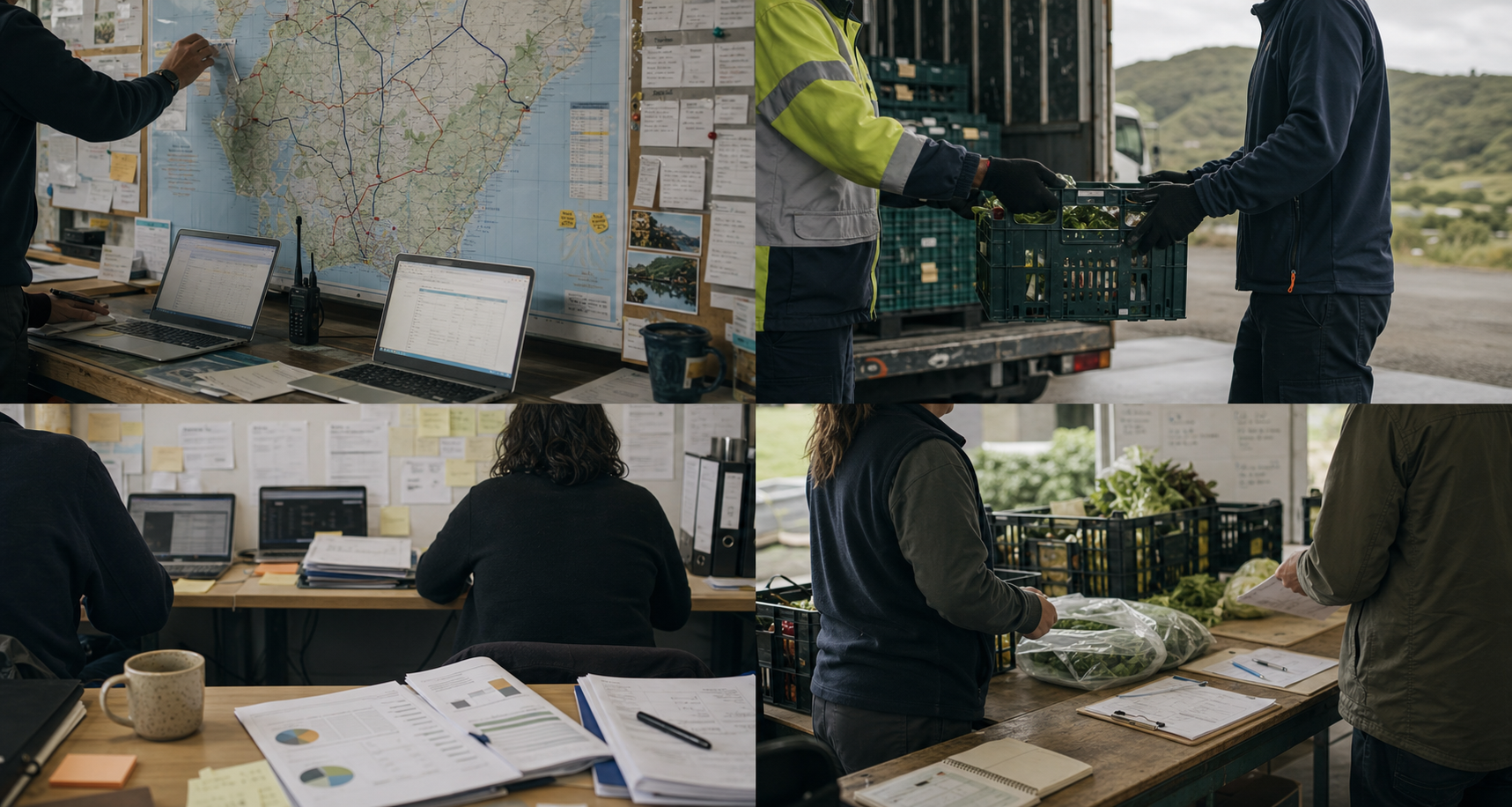 Aotea Kai wider workforce activity across route planning, logistics handoff, office coordination, and producer pathway work.