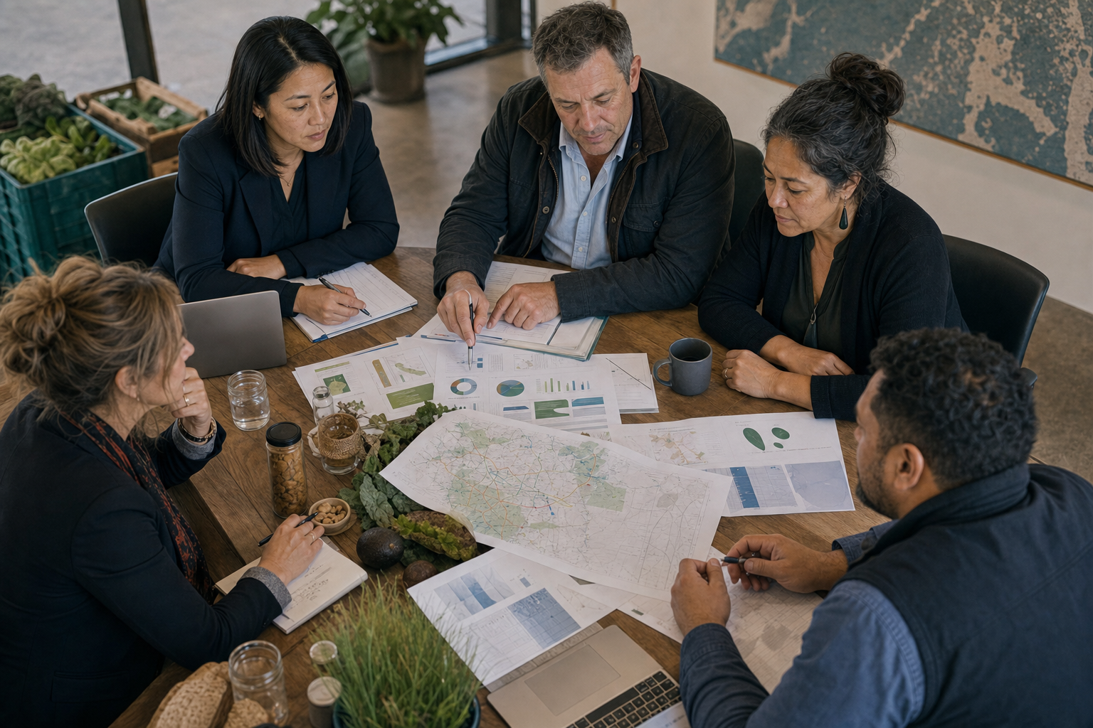 Aotea Kai reports, impact data, and evidence review materials on a working table.
