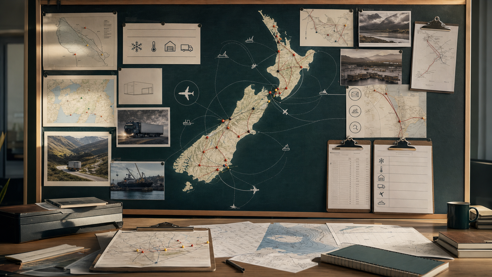 Aotea Kai route intelligence board with route planning, cold-chain symbols, freight links, and export gateway cues.