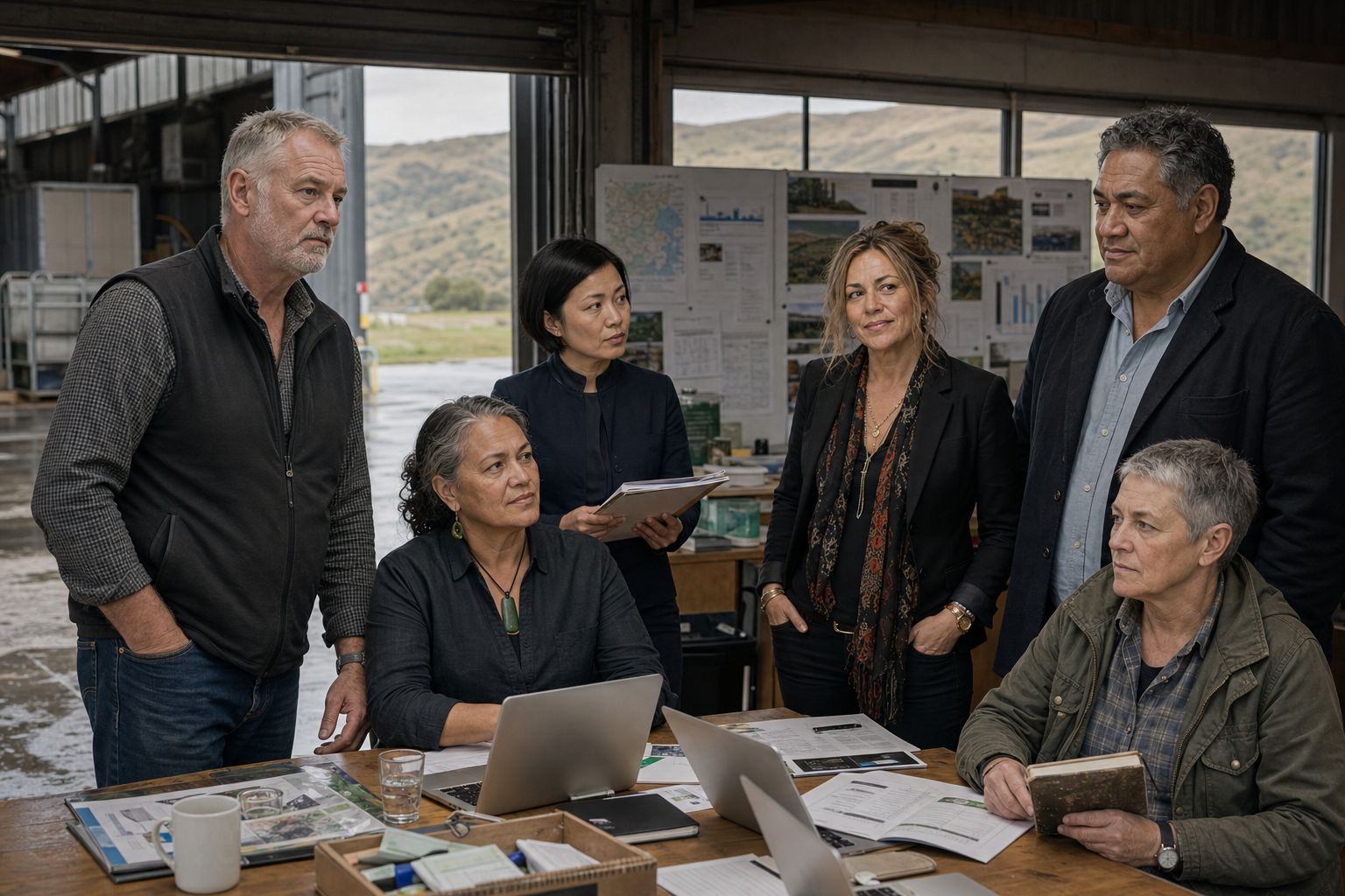 The current six-person Aotea Kai senior leadership group in an operations office and logistics hub setting.