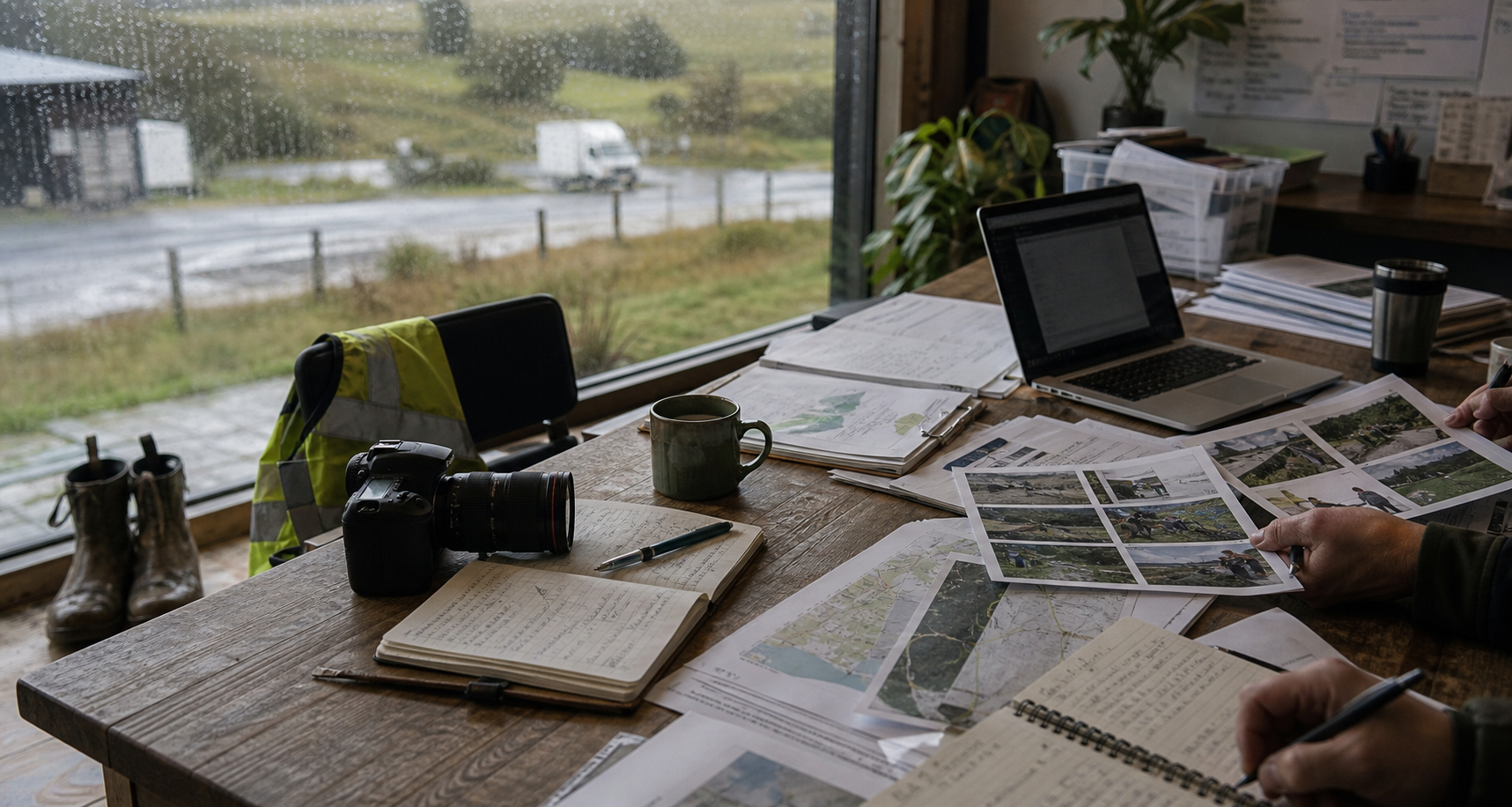 Aotea Kai field notes, reports, camera, laptop, and route documents on a working table.