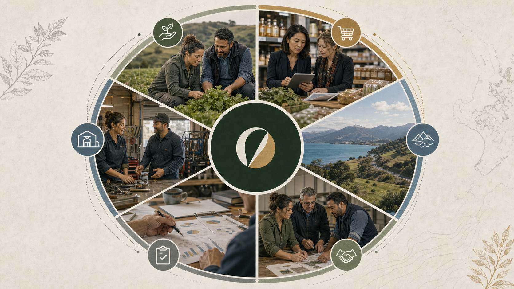 Aotea Kai values wheel visual showing producers, markets, place, evidence, relationships, and reinvestment.